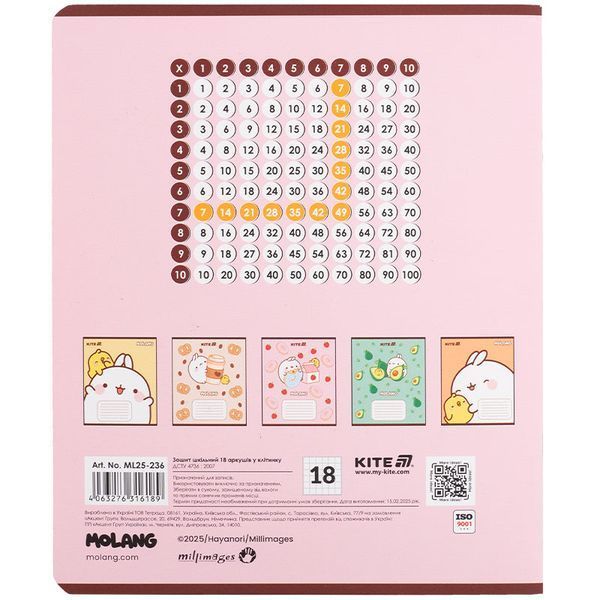 Зошит шкільний Kite Molang 18 аркушів, клітинка ML25-236 ML25-236 фото
