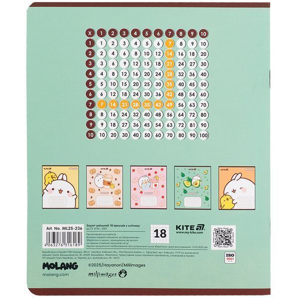Зошит шкільний Kite Molang 18 аркушів, клітинка ML25-236 ML25-236 фото