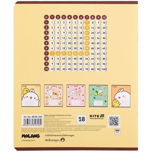 Зошит шкільний Kite Molang 18 аркушів, клітинка ML25-236 ML25-236 фото